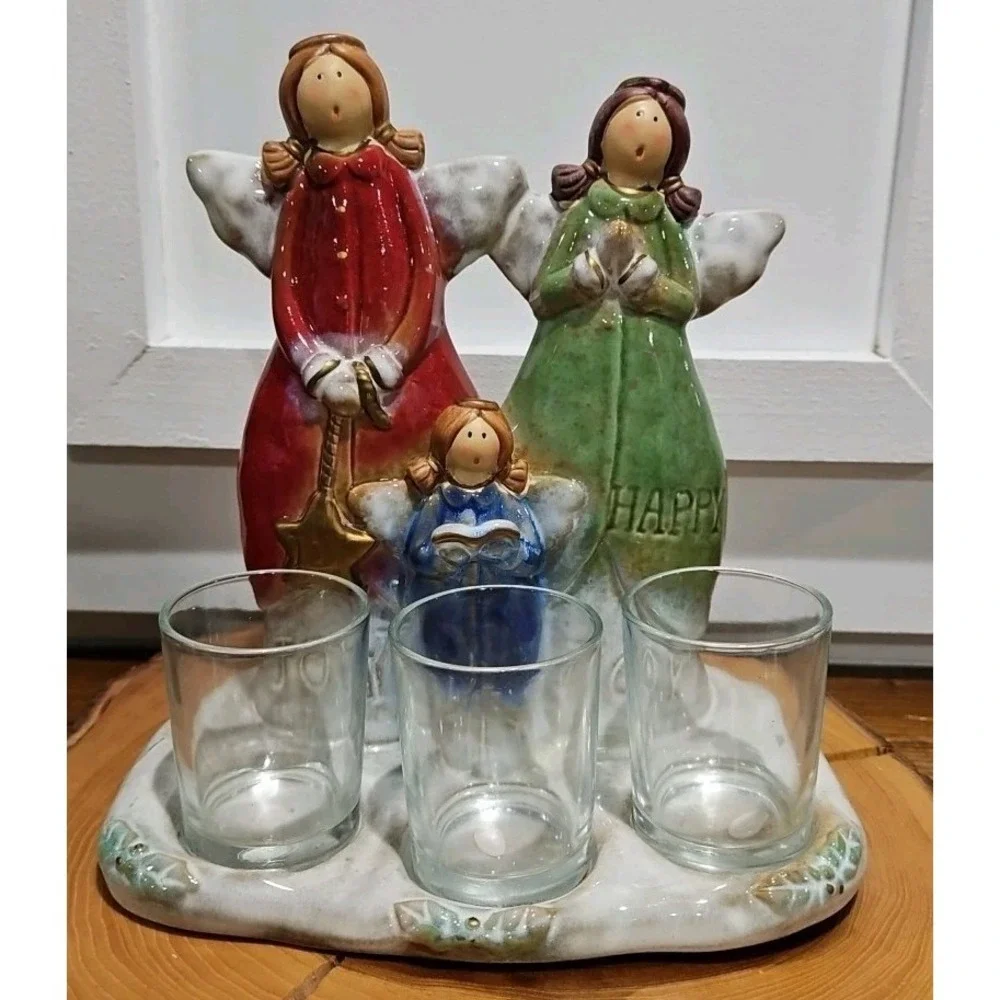 Vintage Kirklands Ceramic Angel Triple Votive Candle Holder Figure Christmas Joy